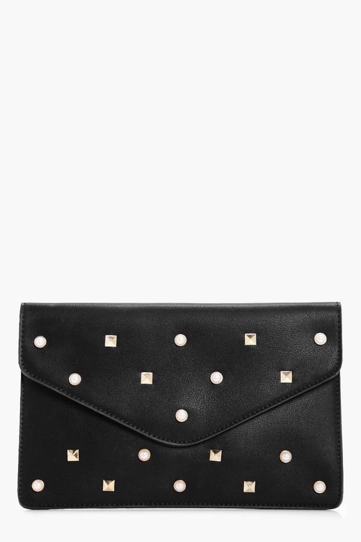 Boohoo Maya Pearl & Stud Clutch Bag Black