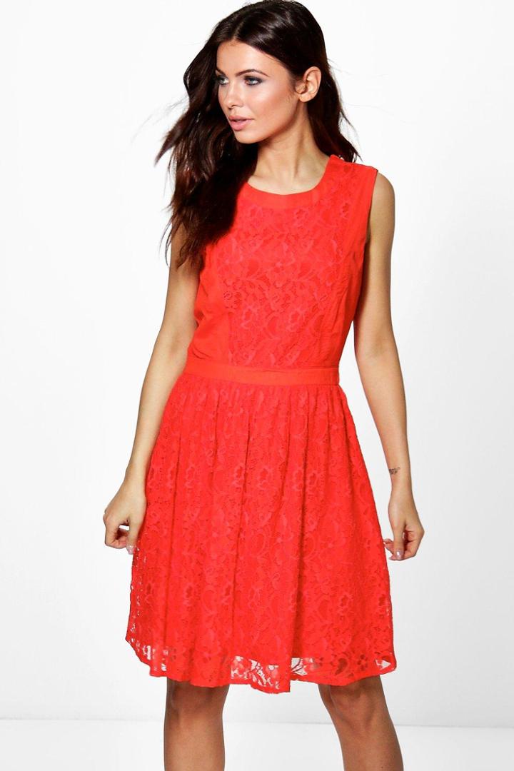 Boohoo Vivienne Textured Lace Skater Dress Orange