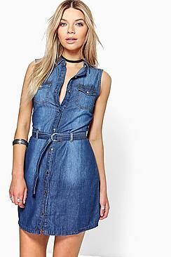Boohoo Jen Belted Button Front Denim Dress