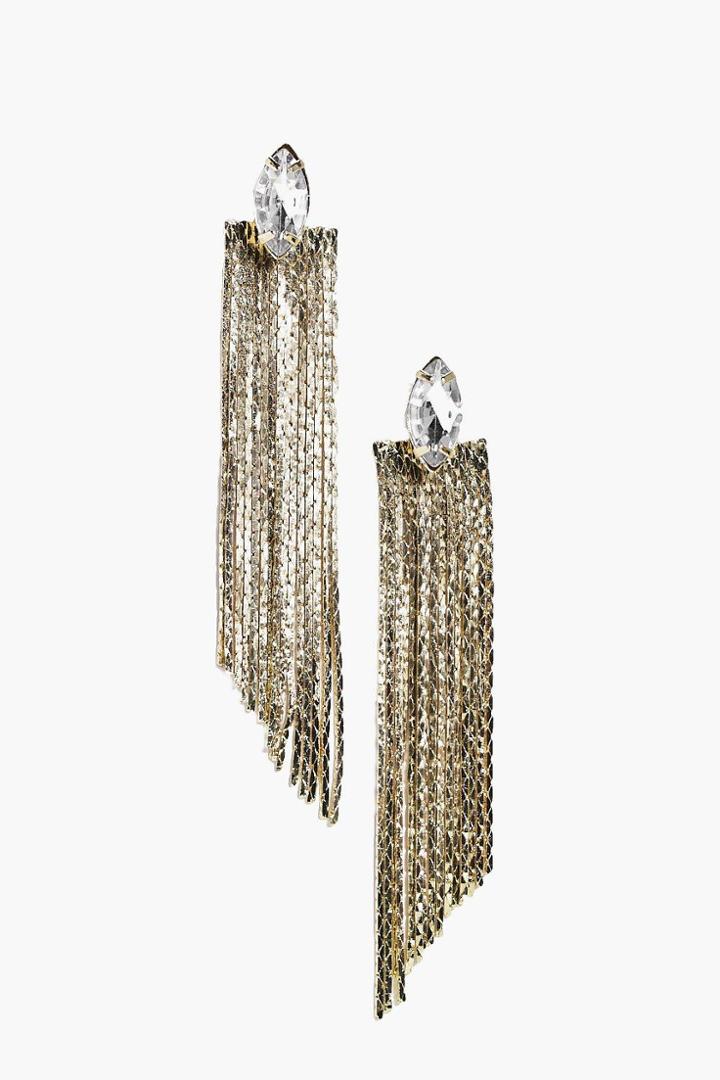 Boohoo Rosie Diamante Stud Metal Tassel Earrings Gold
