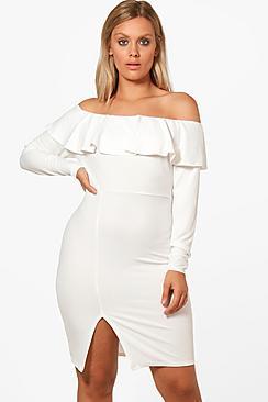 Boohoo Plus Erin Crepe Frill Long Sleeve Midi Dress