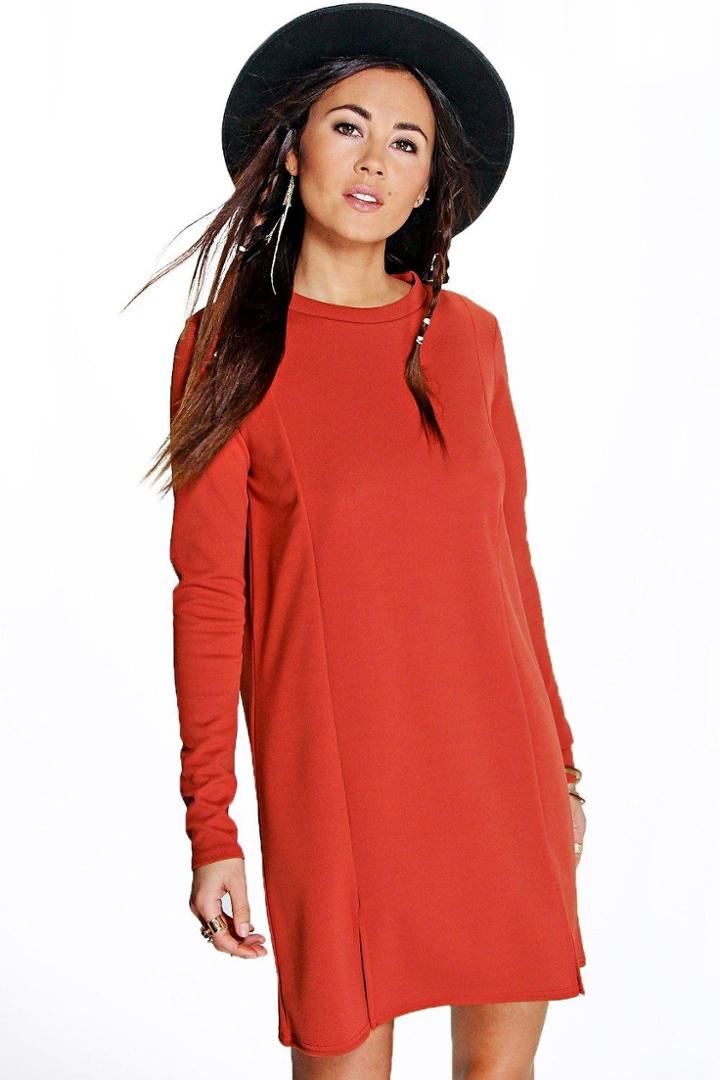 Boohoo Naira Cut Out Hem Crepe Shift Dress Spice