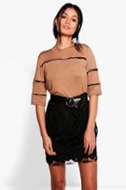 Boohoo Helen Lace Insert Short Sleeve T-shirt Camel
