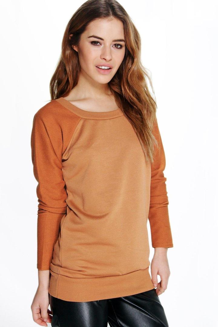 Boohoo Petite Donna Raglan Sleeve Contrast Sweat Chestnut