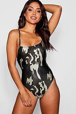 Boohoo Bulgaria Camo Square Neck Cross Back Swimsuit