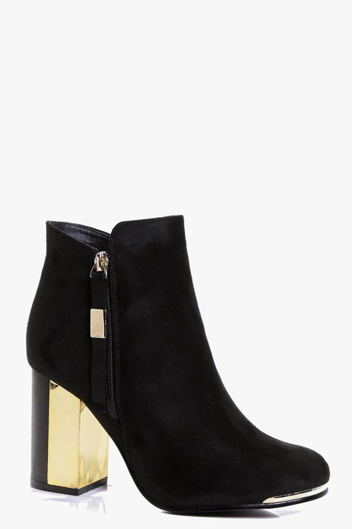 Boohoo Katie Block Gold Heel Ankle Boot Black