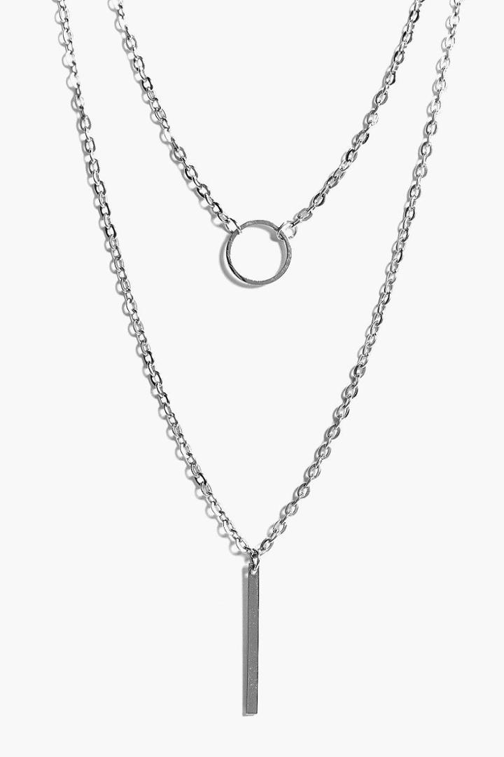 Boohoo Olivia Circle & Bar Skinny Layered Necklace Silver