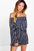 Boohoo Eden Stripe Off The Shoulder Playsuit Navy