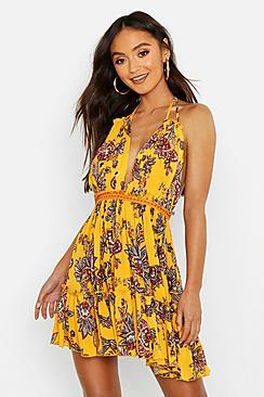 Boohoo Petite Paisley Embroidered Skater Dress