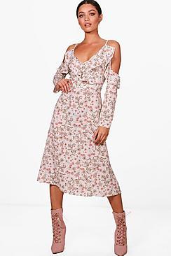 Boohoo Fizz Floral Cold Shoulder Midi Dress
