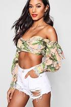 Boohoo Shelby Wrap Front Balloon Sleeve Tie Bardot Crop