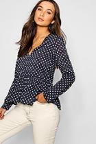 Boohoo Polka Dot Long Sleeve Peplum Top