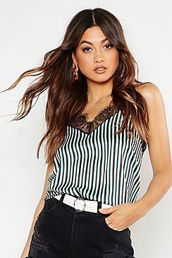 Boohoo Satin Lace Trim Green Stripe Cami