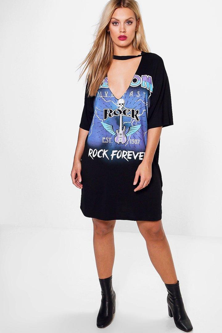 Boohoo Plus Lyla Printed Slogan T-shirt Dress Black