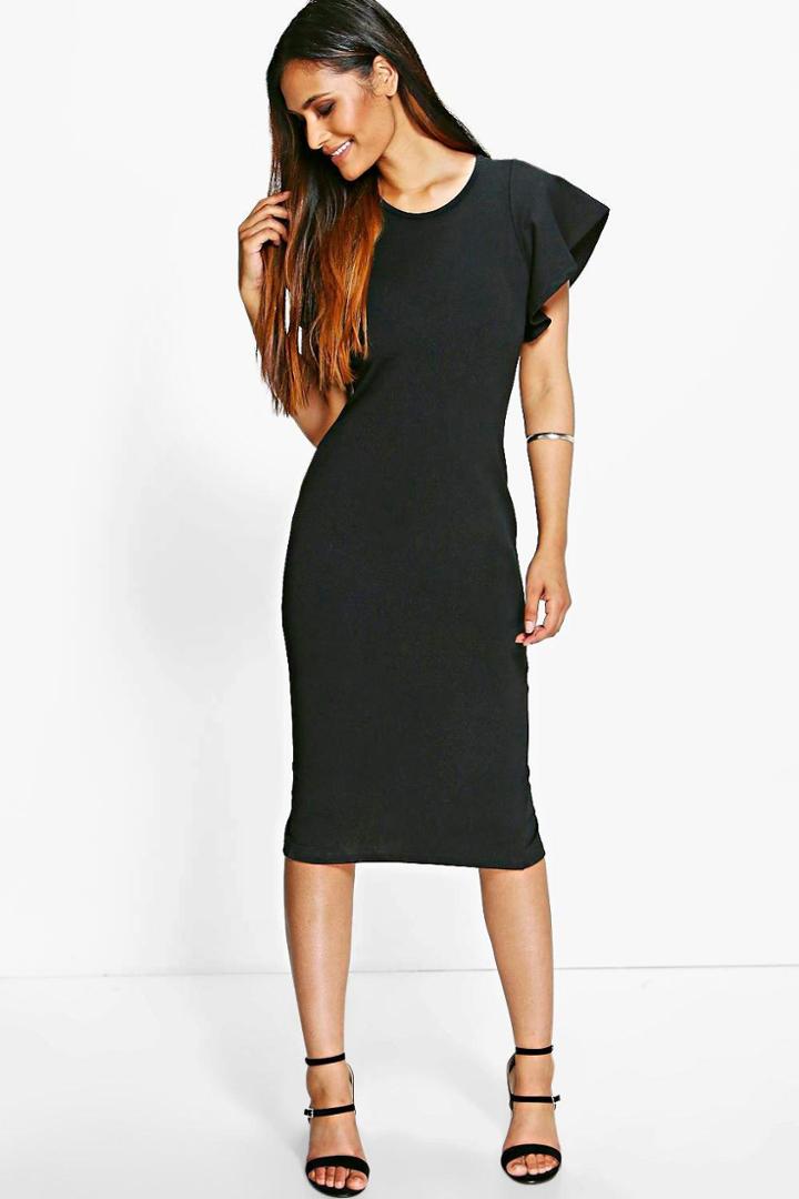 Boohoo Maisie Frill Sleeve Tailored Bodycon Midi Dress Black