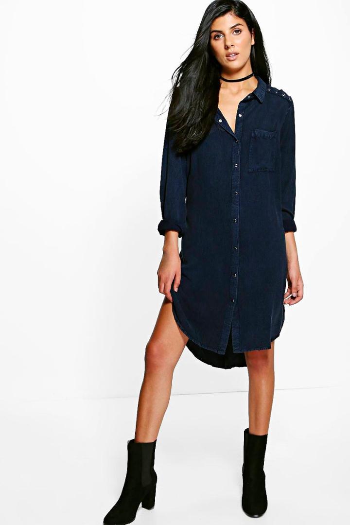 Boohoo Amy Dark Navy Lace Up Shoulder Denim Shirt Dress Navy