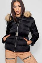 Boohoo Matte Satin Belted Puffer Jacket