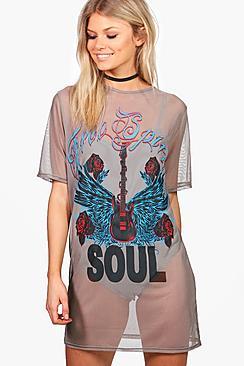 Boohoo Petite Laura Mesh Band Print T-shirt Dress