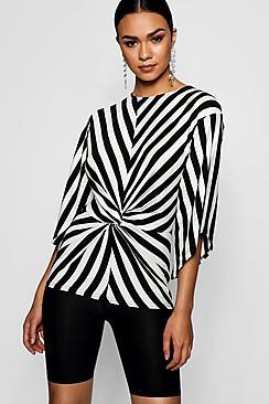 Boohoo Avery Humbug Stripe Knot Front Woven Top