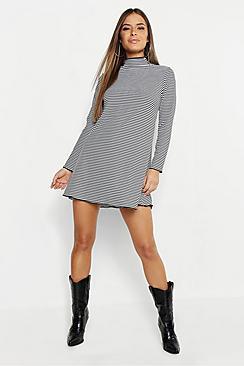 Boohoo Petite Stripe Lettuce Hem Turtleneck Dress