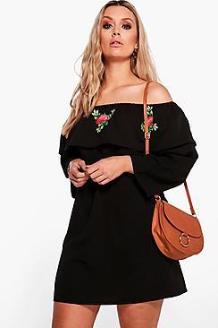 Boohoo Plus Violet Embroidered Off The Shoulder Dress