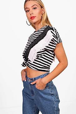 Boohoo Anna Stripe Ruffle Front T-shirt