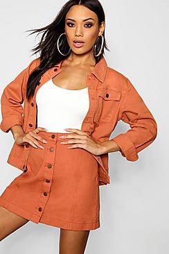Boohoo Tobacco Button Through Denim Skirt