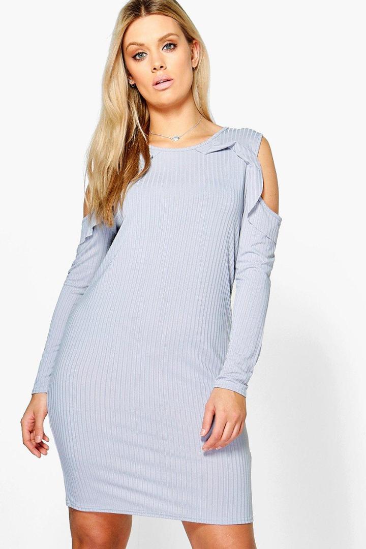 Boohoo Plus Willow Cold Shoulder Ruffle Dress Grey