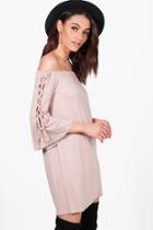 Boohoo Alexis Off The Shoulder Eyelet Sleeve Shift Dress Sand