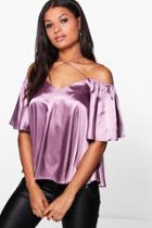 Boohoo Bella Frill Sleeve Strappy Satin Top Lilac