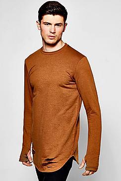 Boohoo Distressed Curve Hem Sweater With Thumb Hole
