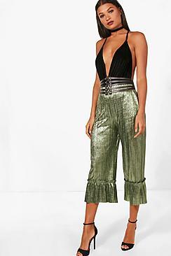 Boohoo Metallic Pleated Ruffle Hem Culottes