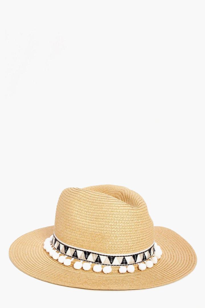 Boohoo Edith Pom Pom Trim Fedora Natural