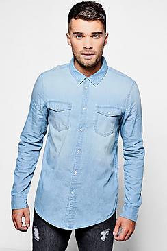 Boohoo Long Sleeve Blue Mid Wash Denim Shirt