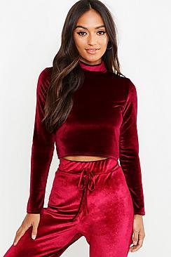 Boohoo Petite Velvet Turtle Neck Long Sleeve Crop Top
