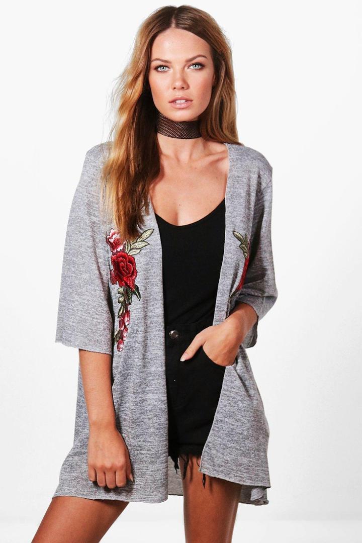 Boohoo Holly Floral Embroidered Kimono Cardigan Grey