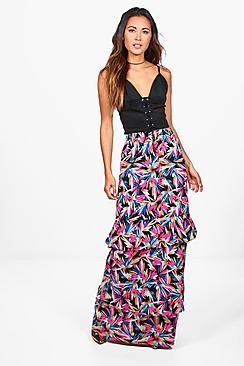 Boohoo Bali Palm Print Ruffle Detail Woven Maxi Skirt