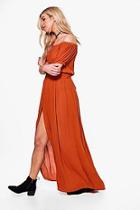 Boohoo Willow Off Shoulder Button Tie Maxi Dress