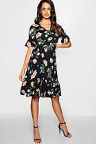 Boohoo Rosaline Floral Plunge Ruffle Tie Shift Dress