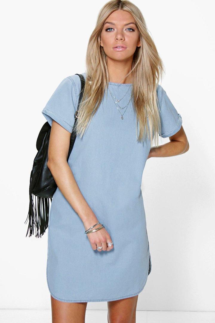Boohoo Carla Curved Hem Cap Sleeve Denim Shift Dress Blue