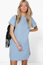 Boohoo Carla Curved Hem Cap Sleeve Denim Shift Dress Blue