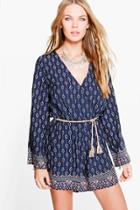 Boohoo Mia Border Print Flare Sleeve Playsuit Navy