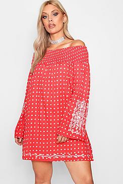 Boohoo Plus Rose Spotty Embroidered Cold Shoulder Dress