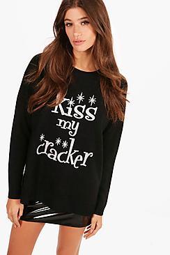 Boohoo Lucy Crew Neck Glitter Kiss My Cracker Christmas Jumper
