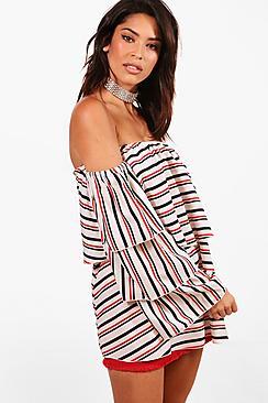 Boohoo Eliza Mixed Stripe Ruffle Off The Shoulder Top