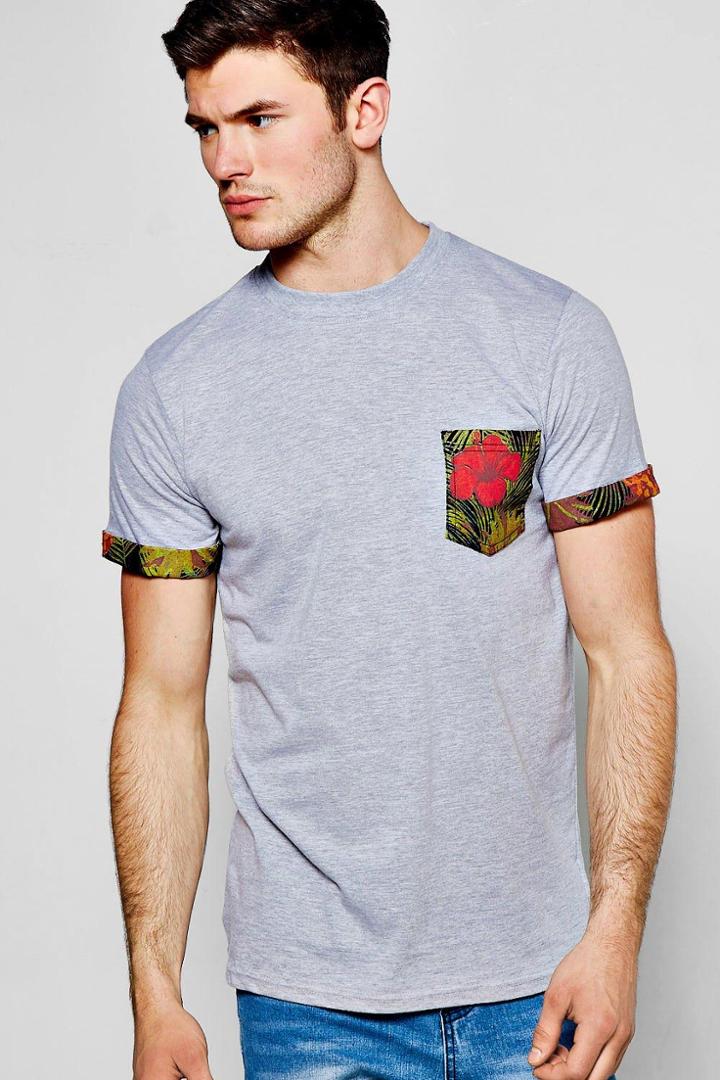 Boohoo Pocket T Shirt With Print Turn Up Grey