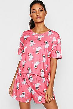 Boohoo Festive Pug Christmas Shorts Set