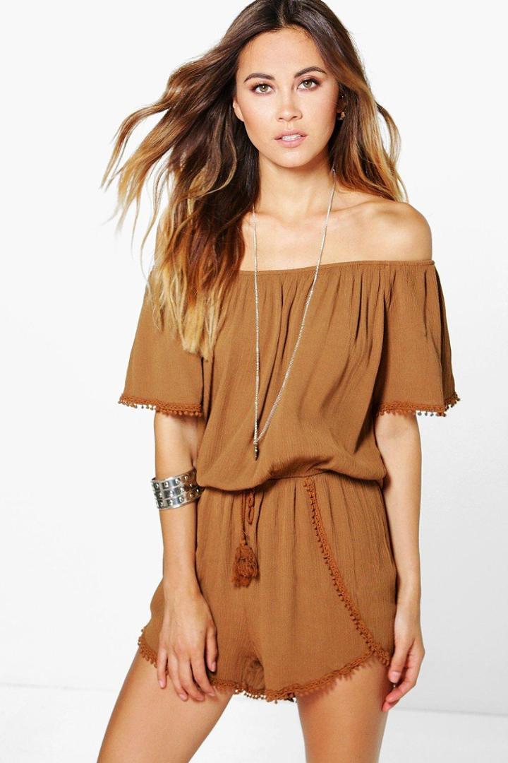 Boohoo Mia Crochet Trim Off The Shoulder Playsuit Tan