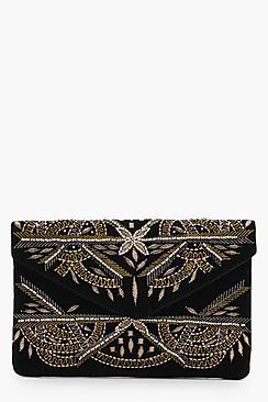 Boohoo Heidi Embroidered Velvet Envelope Clutch Bag