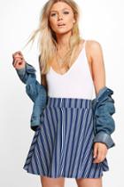 Boohoo Petite Victoria Stripe Crepe Skater Skirt Navy